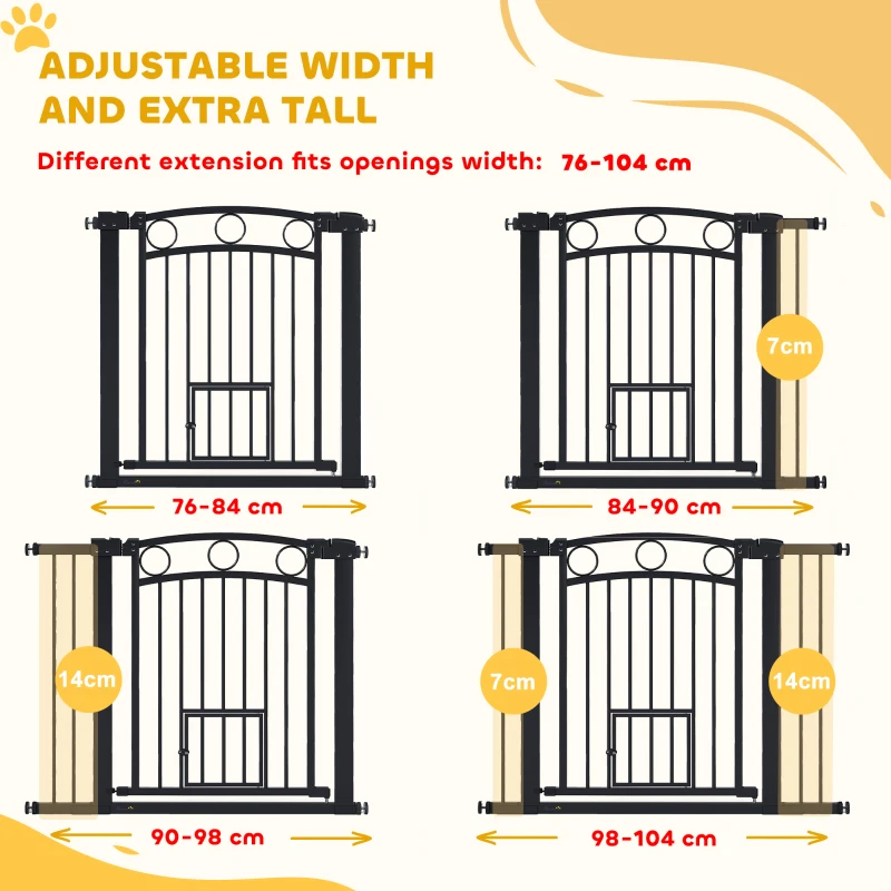 PawHut Bramka dla zwierząt, 77 cm bramka na schody, regulowana szerokość 76-104 cm, z drzwiczkami dla kota, do schodów i drzwi, czarna