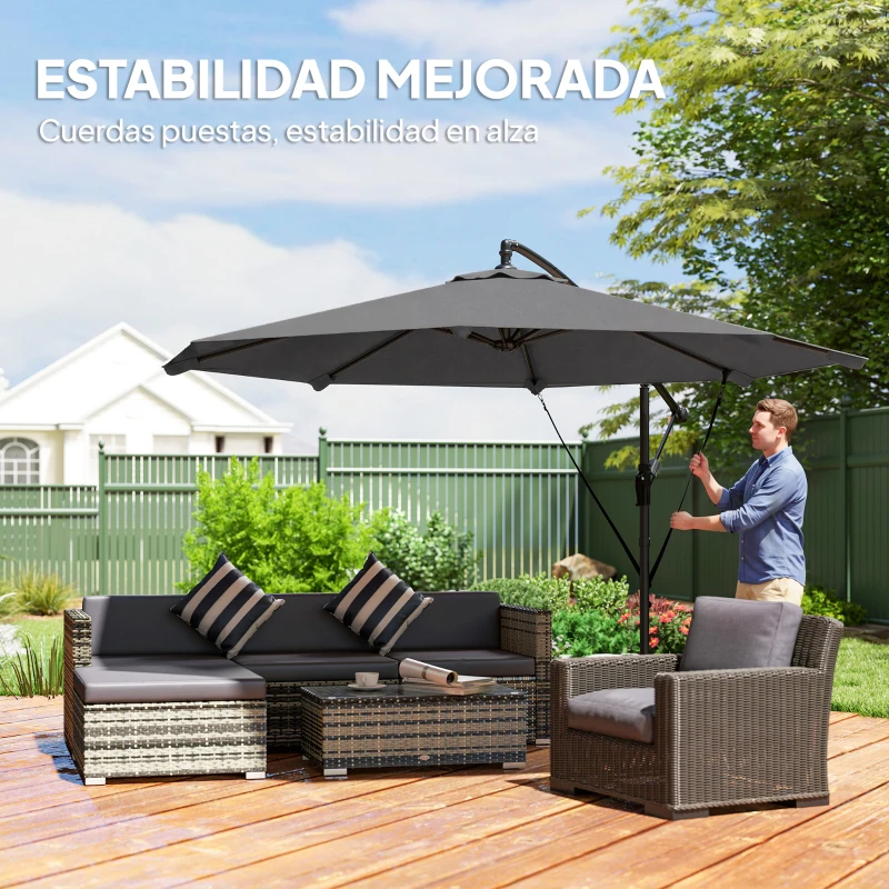 Outsunny Parasol Excéntrico Ø300 cm con Base Cruzada Manivela Funda Protectora y Cuerdas de Viento UPF30+ Gris Oscuro