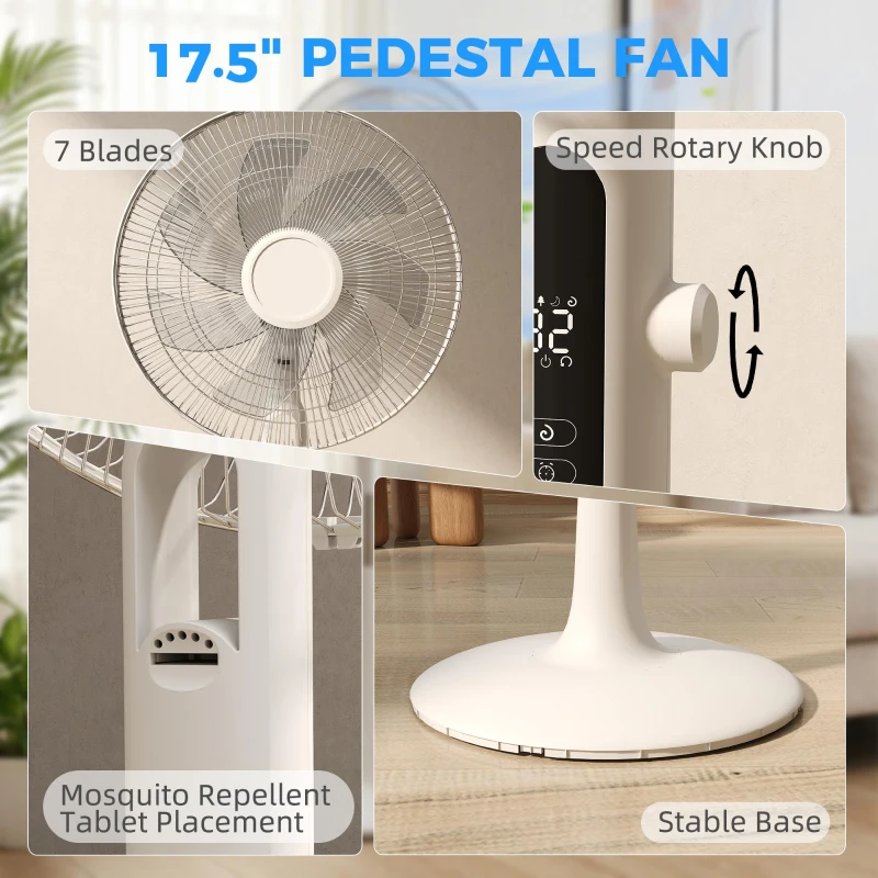 HOMCOM Three Mode Pedestal Fan, with Insect Repellant Box and LED Panel - White