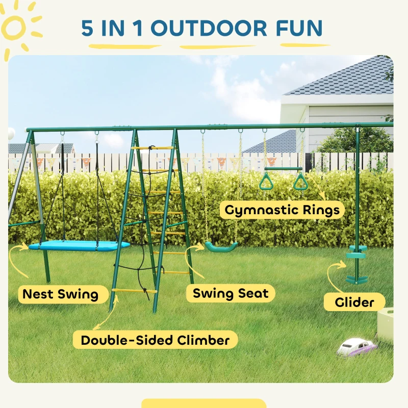 AIYAPLAY 5 w 1 huśtawka z regulowaną huśtawką typu gniazdo, kółkami gimnastycznymi, dwusiedziskiem, ścianką wspinaczkową, dla dzieci 3-8 lat, 440x175x203 cm