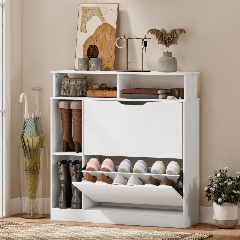 HOMCOM Szafka na buty z 2 klapami, uchylna szafka z regulowanymi przegrodami, otwartą półką na 12 par butów 89 x 25 x 92 cm biała