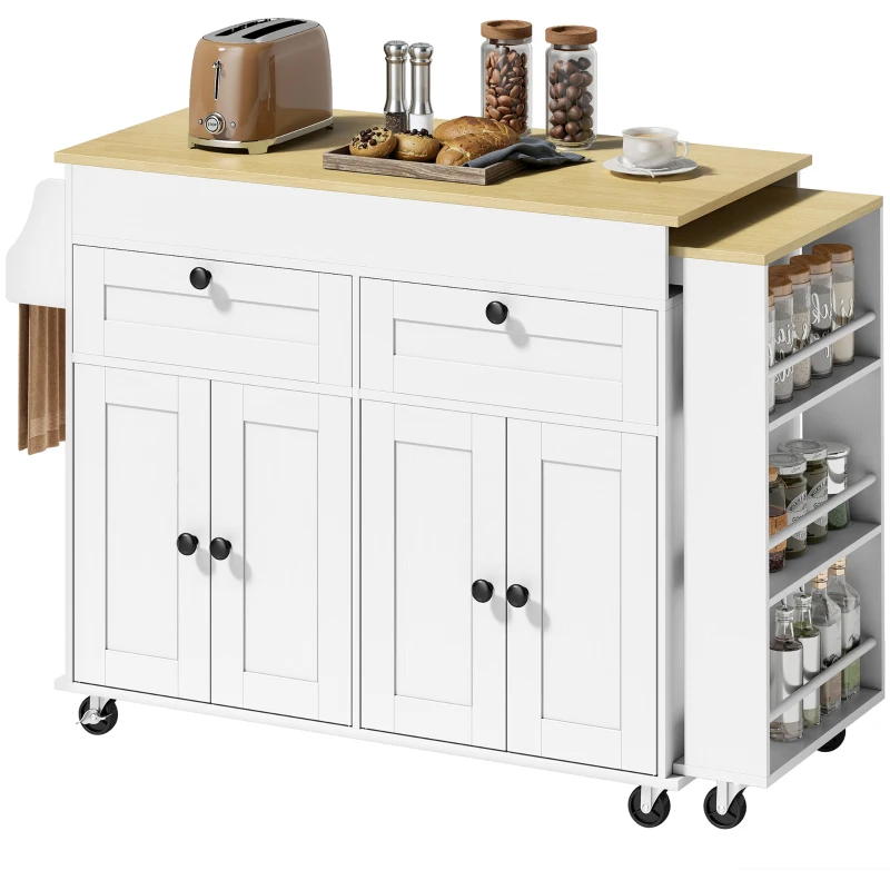 HOMCOM Isola cucina su ruote con piano estensibile, 2 cassetti e 4 ante, Bianco
