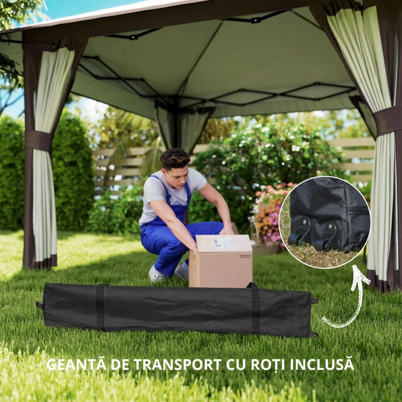 Outsunny Pavilion de grădină 4 x 4 m, cort de grădină cu pereți din plasă, protecție UPF50+, cort de petrecere cu înălțime reglabilă, Bej