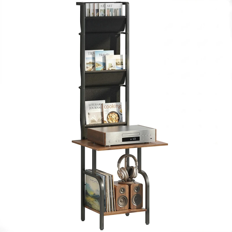 HOMCOM Industrielles CD-Regal, CD-Aufbewahrung, DVD-Ständer mit 3 Stofftaschen und Tischplatte, Rustikale Holzoptik in Braun