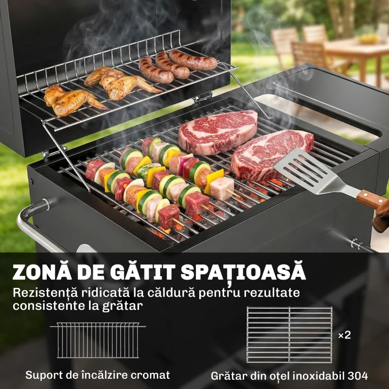 Outsunny Grătar pe Cărbune cu Termometru pentru Terasă și Grădină, Negru