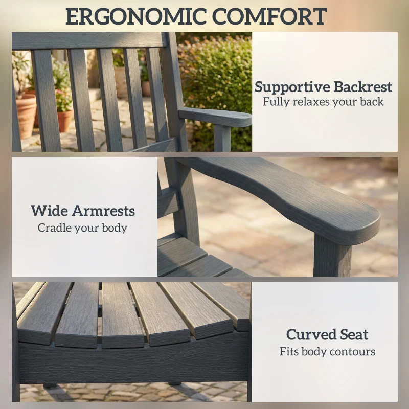 Outsunny 2 Seater Plastic Garden Bench, Outdoor Patio Bench with Armrest and Backrest, Weatherproof Outdoor Furniture for Balcony