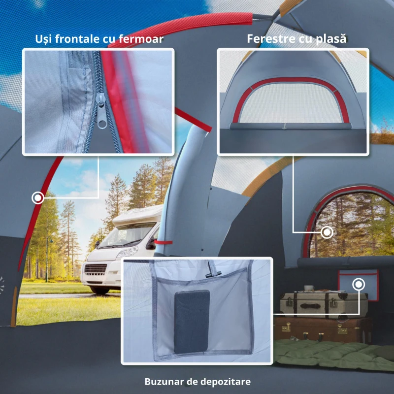 Outsunny Cort de Camping pentru 4 Persoane Impermeabil cu Ferestre și Stâlpi din Fibră de Sticlă, 4.55x2.3x1.8 m, Gri