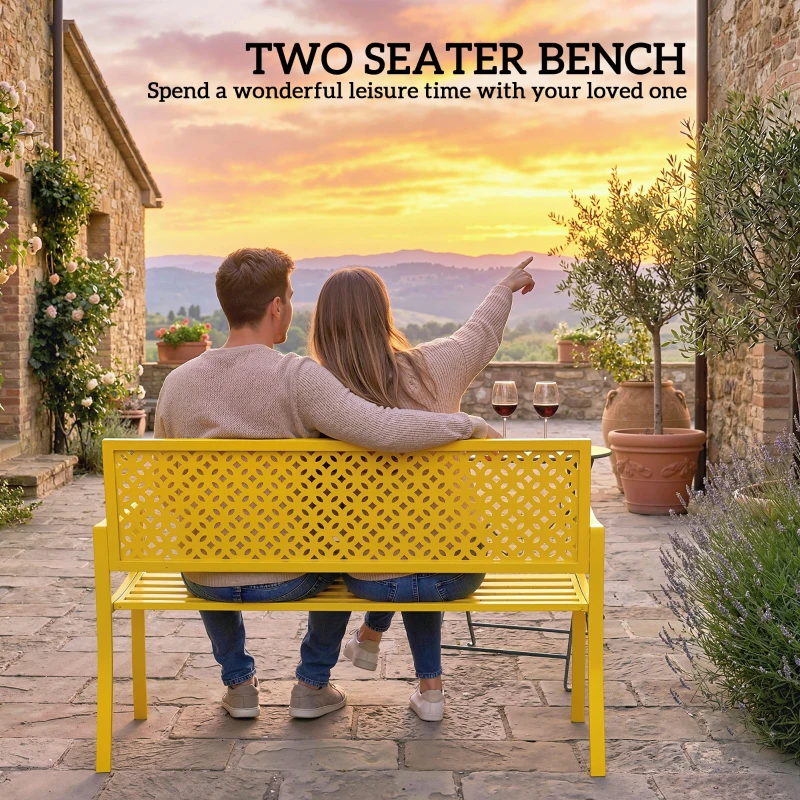 Outsunny Ławka ogrodowa 2-osobowa metalowa odporna na warunki atmosferyczne z oparciem odpornym na rdzę, geometryczna do 240 kg