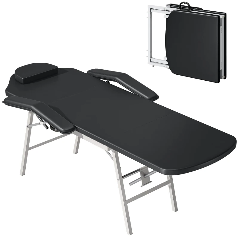 HOMCOM Portable Massage Table, 3 Section Adjustable Beauty Bed, Foldable Massage Bed with Face Hole, Recliner Chair with Removable Headrest and Armrests for Spa, Lash, Tattoo, Black