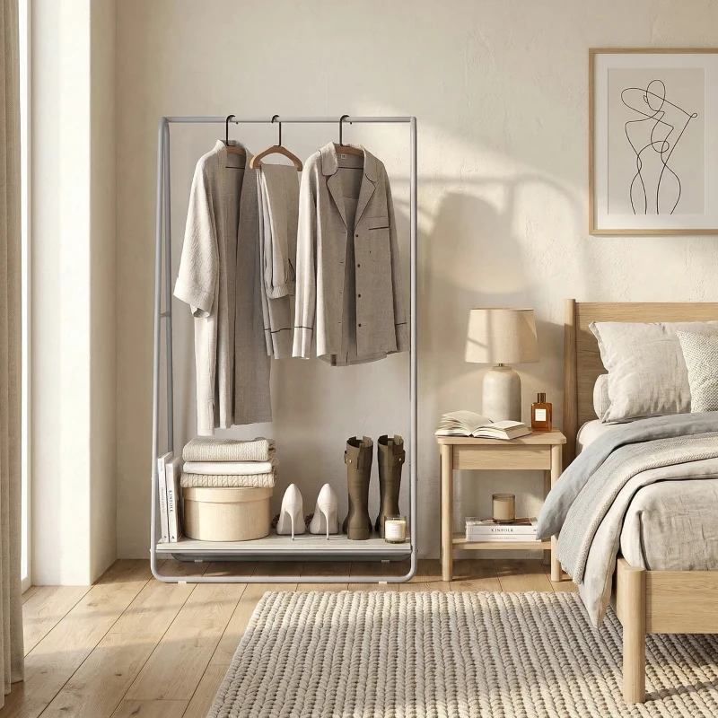 HOMCOM Appendiabiti 3 in 1 con scarpiera e barre appendiabiti, Legno naturale e Grigio