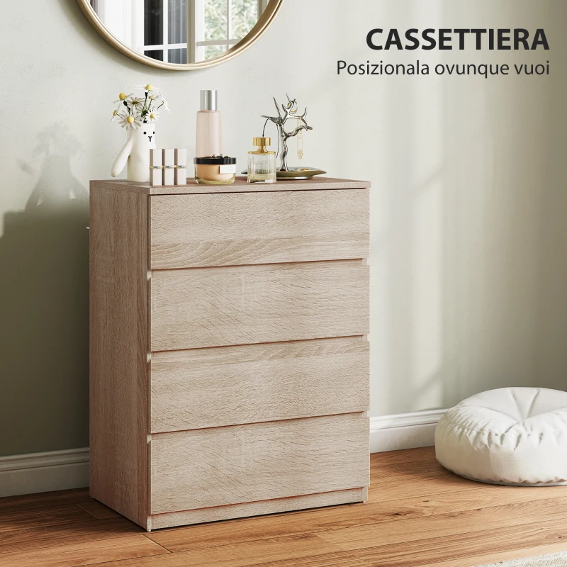HOMCOM Cassettiera 4 Cassetti in Legno con Guide in Metallo e Maniglie Scanalate, 60x40x80 cm, color Faggio