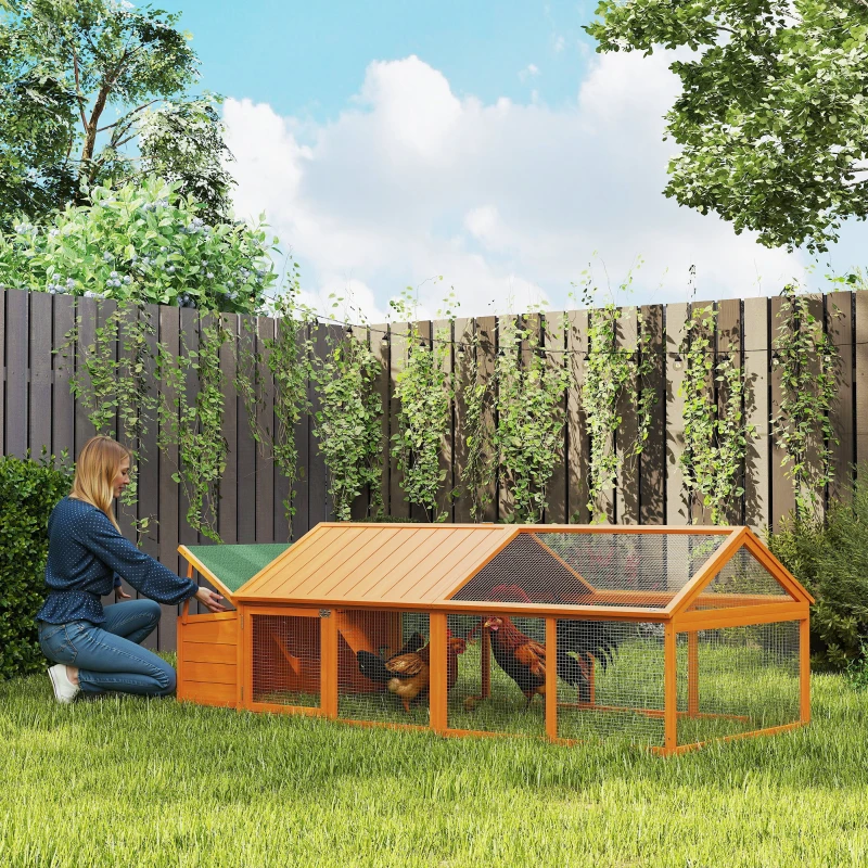 PawHut Gallinero de Madera Grande de Exterior para 4-8 Gallinas con Techo Abatible y Nido 240x112,5x76 cm Natural