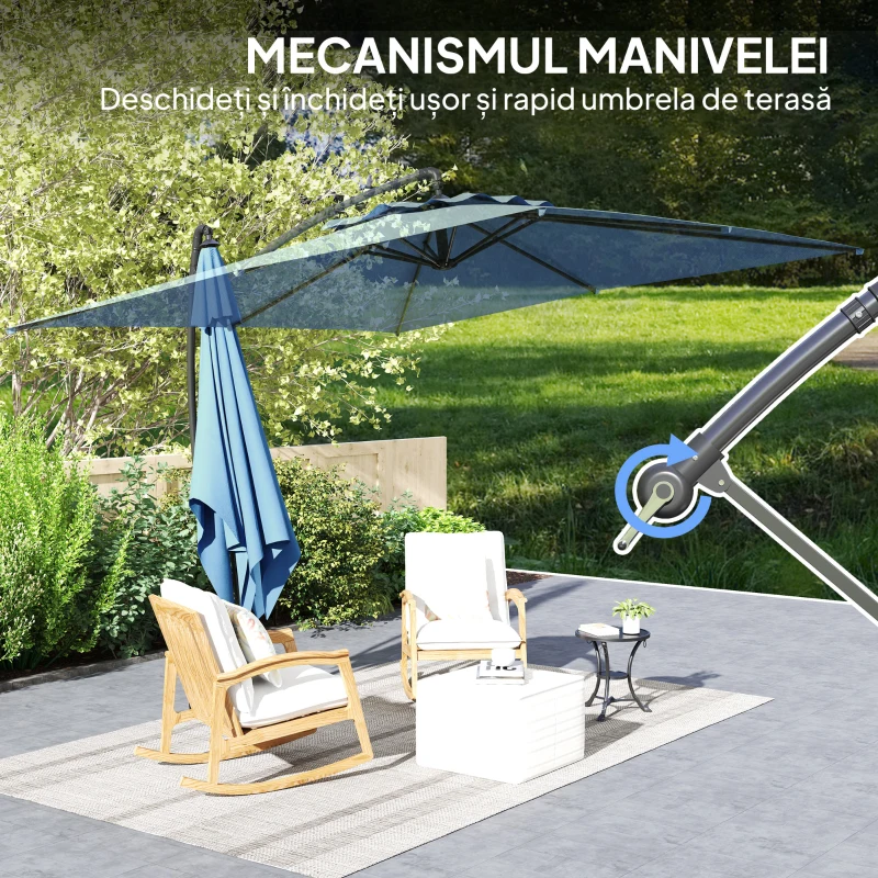 Outsunny Umbrelă de Soare Suspendată cu Rotire la 360°, Mâner cu Manivelă și Înclinare, 300x325x230 cm, Kaki