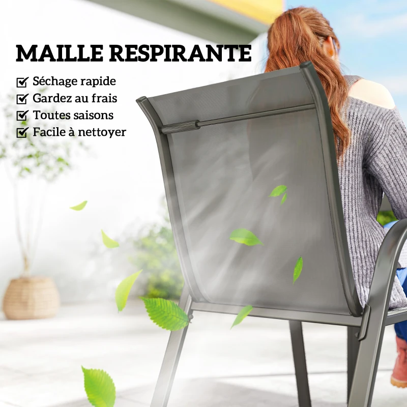 Outsunny Table de jardin extérieure avec 6 chaises empilables, plateau à lattes 150 cm structure en acier anti-rouille gris clair