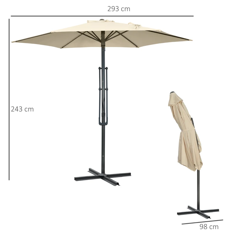 Outsunny Parasol tarasowy Ø293cm z bocznym uchwytem, podstawa krzyżowa, wodoodporny, kremowy