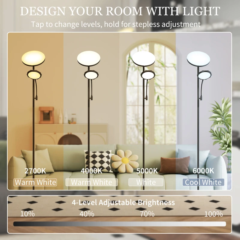HOMCOM LED Floor Lamp for Living Room, Stepless Dimmable Standing Lamp, Mother and Child Uplighter with Reading Light, 4 Scene Modes, 2700K-6500K Colour Temps, 4 Brightness Levels, Remote Control