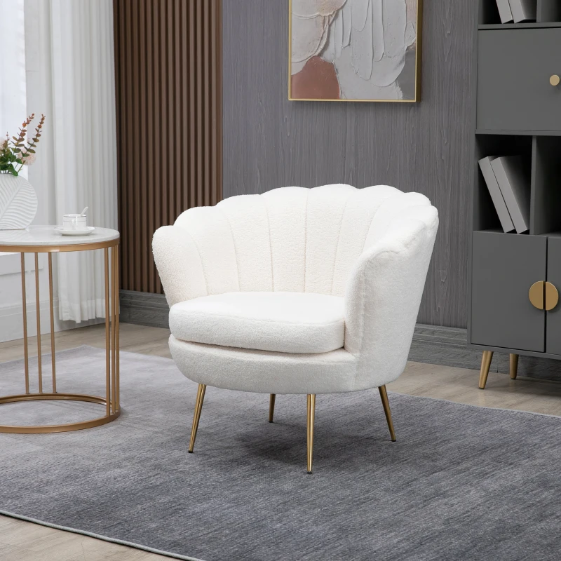 HOMCOM Fauteuil Coquillage Fauteuil Design dim. 79L x 77l x 77H cm Pieds dorés effilés Molleton Polaire Blanc