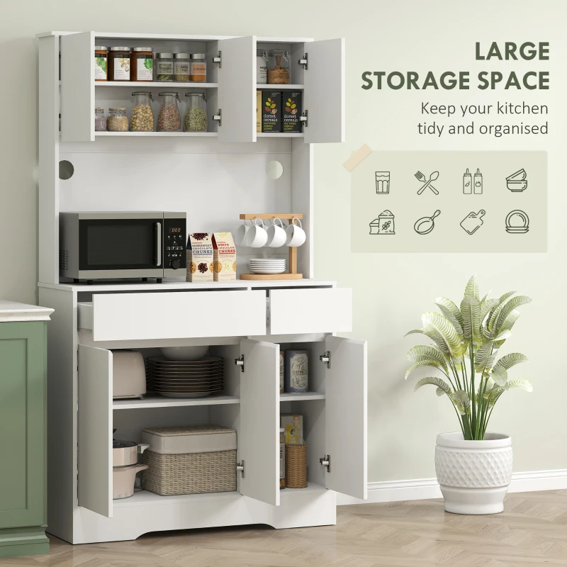 HOMCOM Tall Kitchen Cupboard with Open Countertop, Freestanding 6-Door Kitchen Storage Cabinet with 2 Drawers, Adjustable Shelves and 2 Cable Holes for Dining Room, White