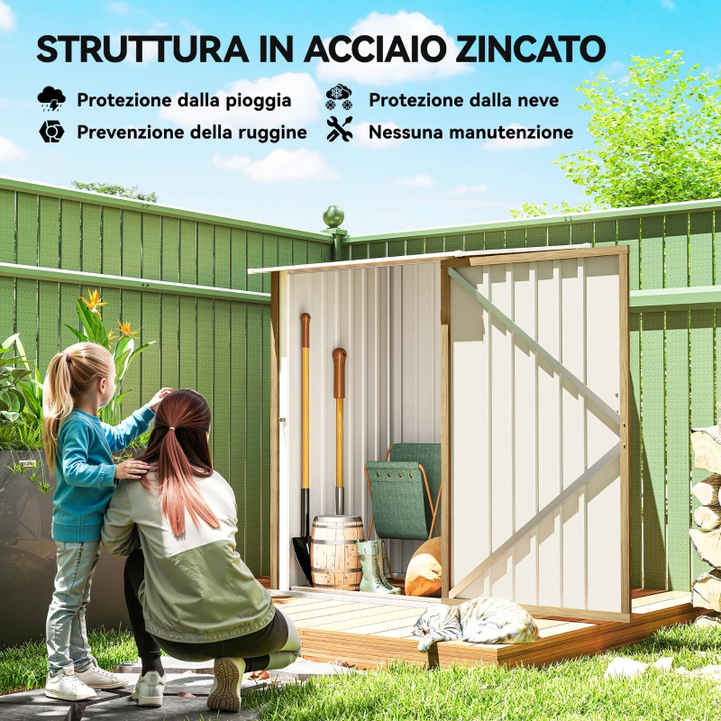 Outsunny Casetta da Giardino Porta Attrezzi in Acciaio Galvanizzato con Porta a Battente, 100x104x160 cm, Marrone Chiaro