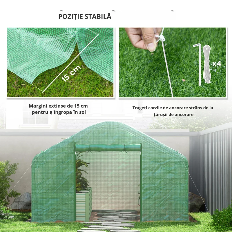Outsunny Seră de grădină 4 x 3 x 2m cu uși rulabile și ferestre mari, seră tip tunel de grădină, verde