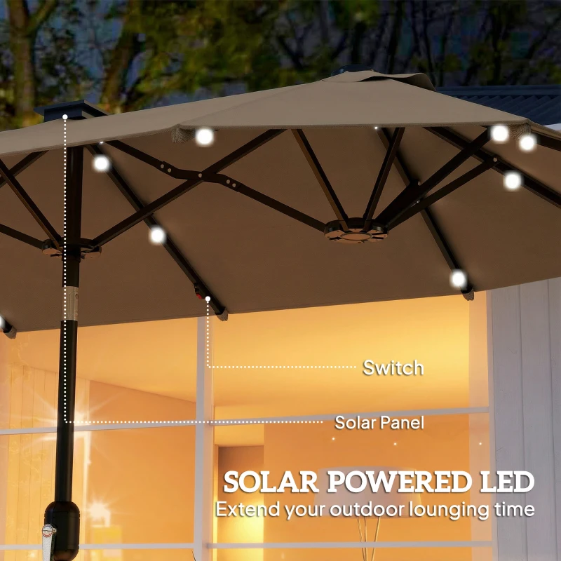 Outsunny Podwójny parasol 292 x 150 cm, parasol z oświetleniem LED, korbka, regulacja kąta, Khaki