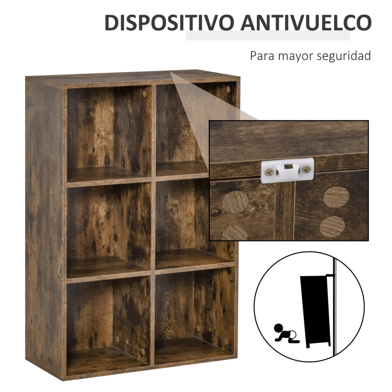 HOMCOM Librería de 3 Niveles Estantería para Libros con 6 Cubos de Almacenaje para Estudio 65,5x30x97,5 cm Marrón Rústico