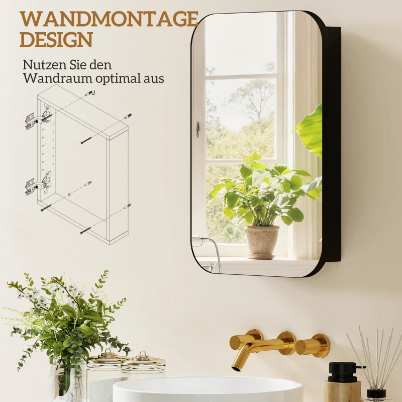 HOMCOM Spiegelschrank Bad, Badezimmerschrank mit Spiegel, Hängeschrank mit Verstellbarem Regal, 40 x 10 x 60 cm, Schwarz