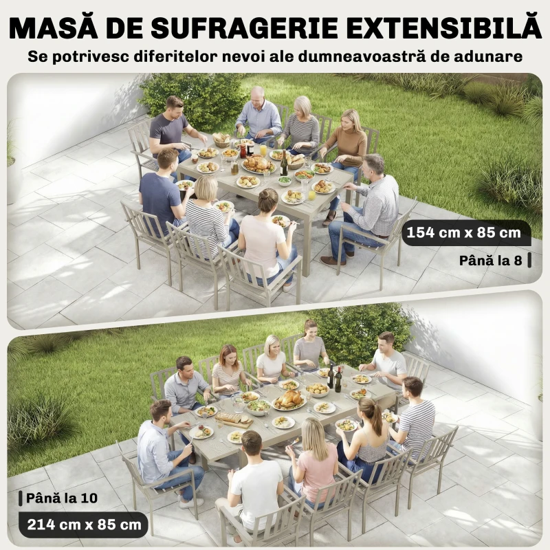 Outsunny Masă de Grădină Extensibilă pentru 8-10 Persoane, din Aluminiu și Oțel, 154/214x85x75 cm, Gri Deschis