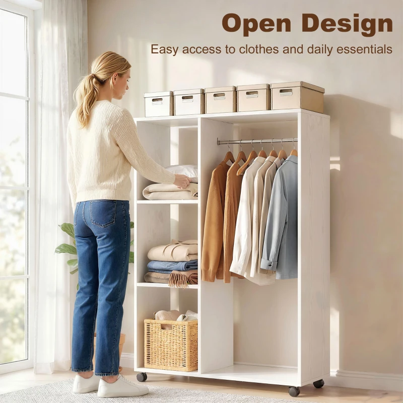 HOMCOM Open Wardrobe on Wheels, Rolling Garment Rack with Hanging Rail and Storage Shelves for Bedroom, Changing Rooms, White