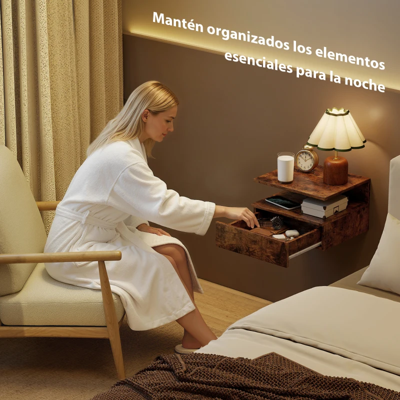 HOMCOM Juego de 2 Mesitas de Noche Flotantes con Cajón Montado en la Pared 35x32x22,5 cm Marrón Rústico