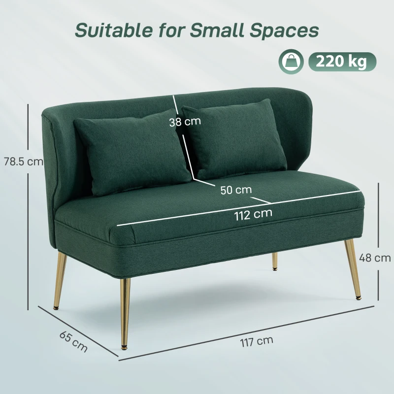 HOMCOM 2 Seater Sofa, Linen-look Fabric Small Sofa with Wing Back, Thick Seat, Metal Legs, Dark Green