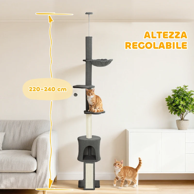 PawHut Albero per Gatti a Soffitto Alto 220-240 cm con Amaca, Casetta, Piattaforme a Fiore e Pali in Sisal, Grigio