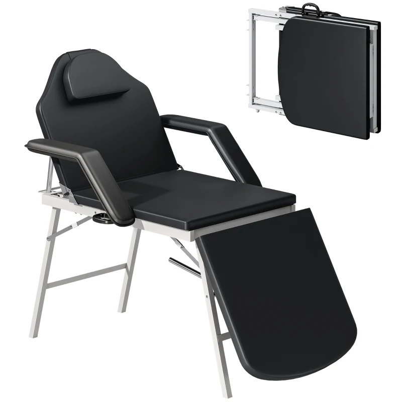 HOMCOM Portable Massage Table, 3 Section Adjustable Beauty Bed, Foldable Massage Bed with Face Hole, Recliner Chair with Removable Headrest and Armrests for Spa, Lash, Tattoo, Black