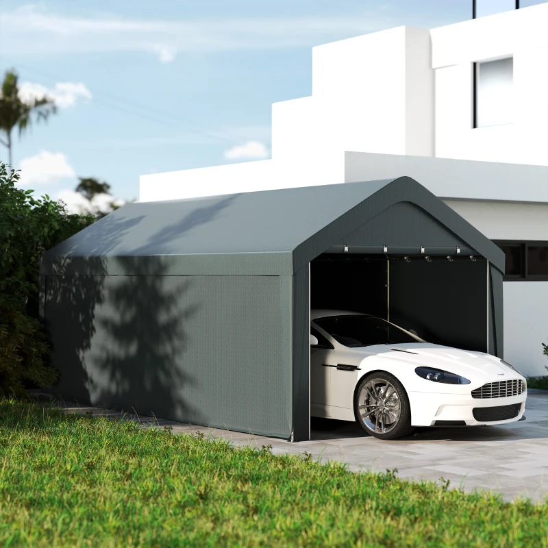 Outsunny Carport tente de garage 3 x 6 m, abri voiture extérieur, parois latérales amovibles, 2 portes zippées enroulables, gris