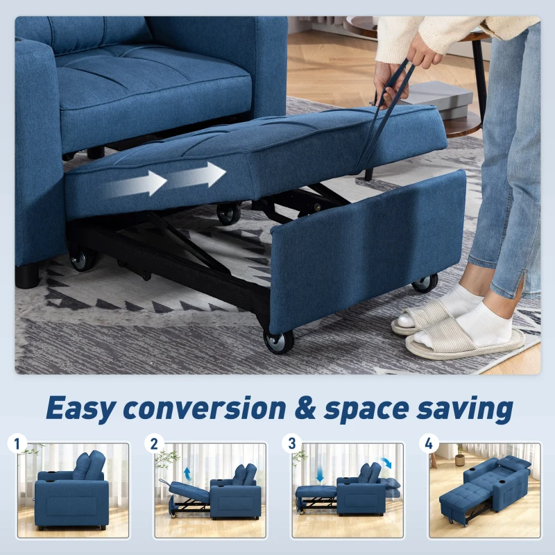 HOMCOM 3-in-1 Single Sofa Bed, Convertible Sleeper Chair Bed with 3-level Adjustable Back - Dark Blue