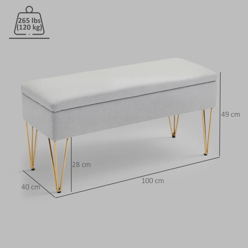 HOMCOM Panca Fondo Letto con Contenitore in Tessuto e Gambe in Acciaio, 100x40x49 cm, Grigio Chiaro