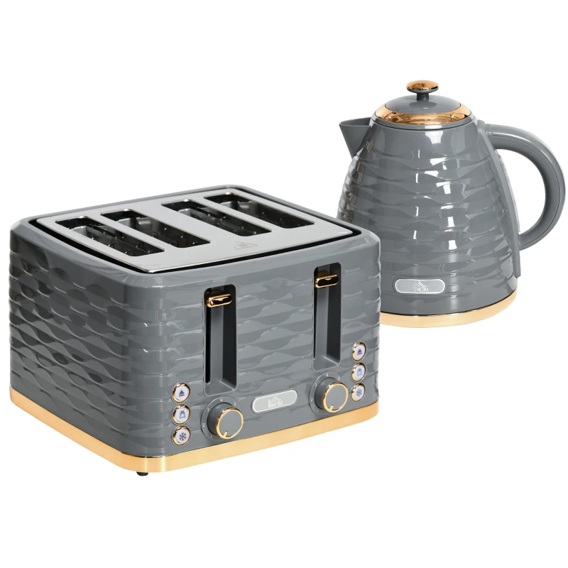HOMCOM Kettle and Toaster Sets, 3000W 1.7L Rapid Boil Kettle & 4 Slice Toaster with 7 Browning Controls, Defrost, Reheat and Crumb Tray, UK Otter thermostat, Grey