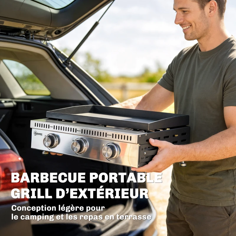 Outsunny Plancha gaz 9 kW 3 brûleurs en acier inoxydable, surface cuisson 56,5 x 33 cm, bac de récupération des graisses, noir