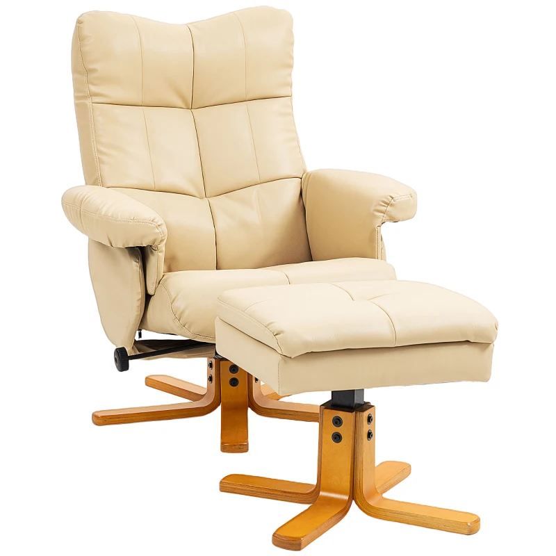 HOMCOM PU Leather Swivel Recliner Chair with Footstool, Wooden Base and Storage for Living Room, Beige
