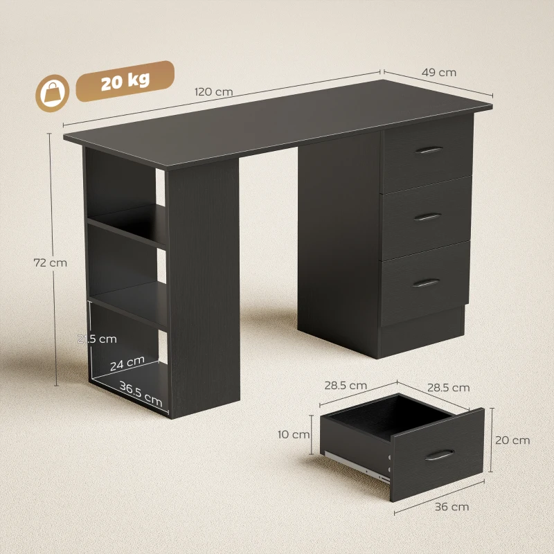 HOMCOM Computer Desk, Writing Table, PC Workstation with 3 Storage Shelves and Drawers, Handle, for Home Office, Black