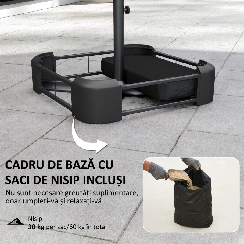 Outsunny Umbrelă Dublă cu 12 Spițe, Manivelă, Bază în Formă de Cruce și Saci, din Metal și Poliester, 3x1.5 m, Bej