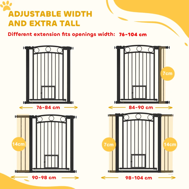 PawHut Bramka dla zwierząt, 96 cm, regulowana szerokość 76-104 cm, z drzwiczkami dla kota, dla schodów i drzwi, czarna
