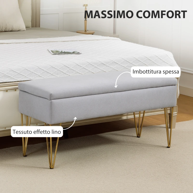HOMCOM Panca Fondo Letto con Contenitore in Tessuto e Gambe in Acciaio, 100x40x49 cm, Grigio Chiaro