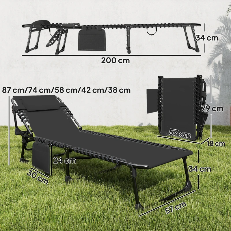 Outsunny Set de 2 Șezlonguri de Grădină Pliabile, Reglabile pe 5 Niveluri, cu Perne, Șezlonguri Textilenă cu Buzunar Lateral, Mâner, pentru Plajă, Piscină, 57x200x38 cm, Negru