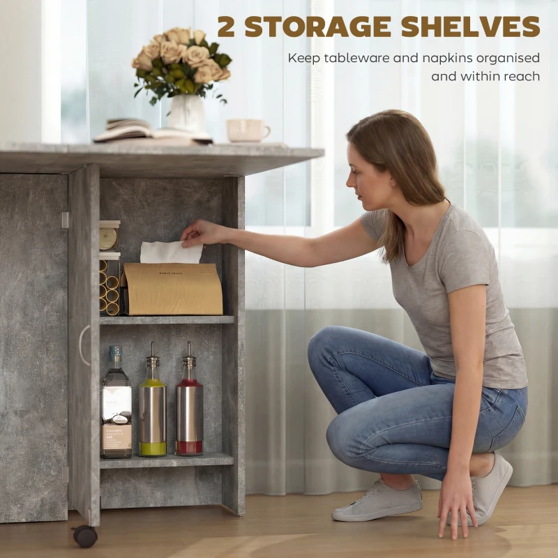 HOMCOM 80-140 cm Folding Dining Table for 4-6 People, Drop Leaf Table with 2-Tier Shelves, Rolling Casters, for Small Spaces, Kitchen, Flat, Dining Room, Cement Grey