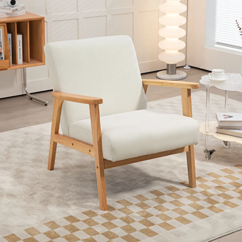 HOMCOM Fauteuil de Salon Fauteuil de Relaxation Fauteuil Simple pour Chambre Cadre en Bois hévéa Revêtement en Lin Crème