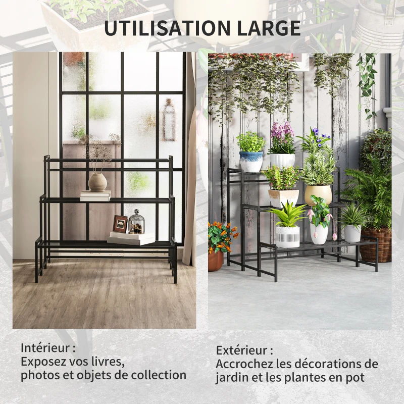 Outsunny Étagère à Fleurs en métal 3 Niveaux Intérieur et Extérieur, support de plantes en échelle, 75 x 70 x 66 cm, Noir