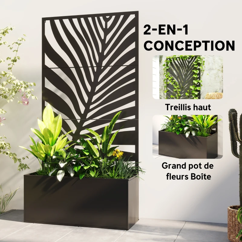 Outsunny Jardinière avec treillis, bac à fleurs, avec brise-vue, pour plantes grimpantes, métal, 90 x 40 x 180 cm, noir
