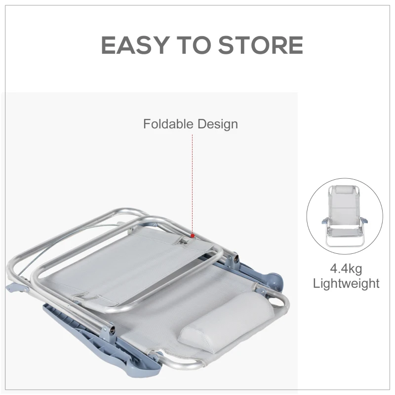 Outsunny Zestaw 2 Krzeseł Campingowych Składanych z 6-stopniową Regulacją Oparcia Siateczkowym Zagłówkiem 62 x 65 x 80 cm Jasnoszary
