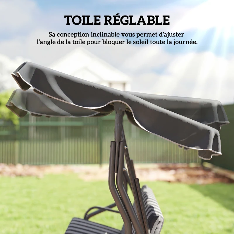 Outsunny Balancelle de Jardin 3 Places Toit imperméabilisé Inclinaison réglable Coussins Assise Dossier gris, blanc rayé